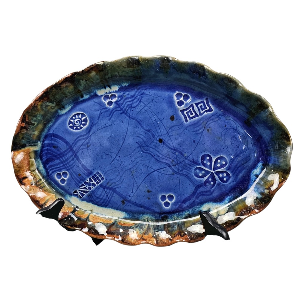 Scott Frankenberger Oval Scalloped‎ Platter Blue Brown Glazed Ceramic Tray